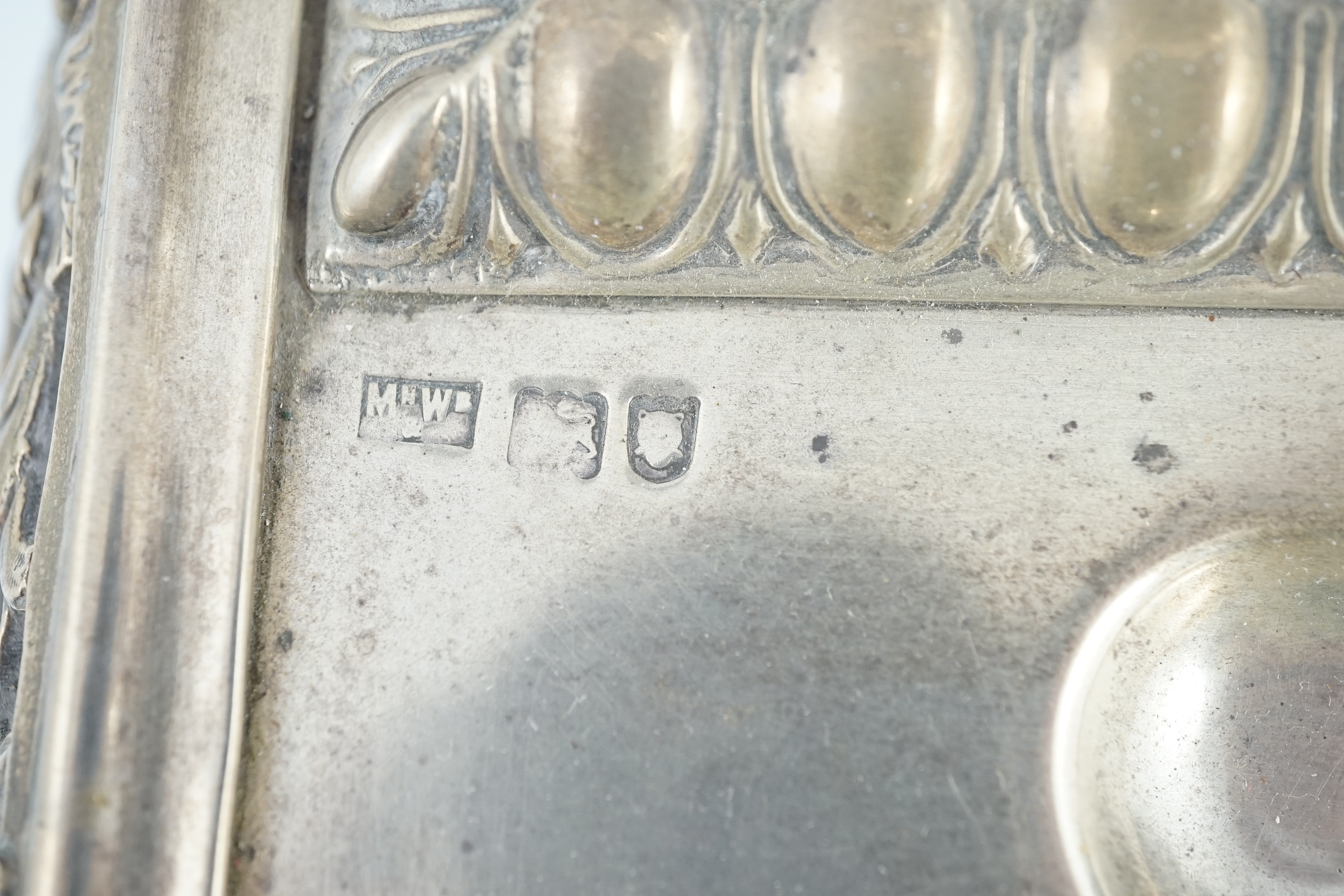 An ornate Edwardian silver rectangular inkstand, by Mappin & Webb